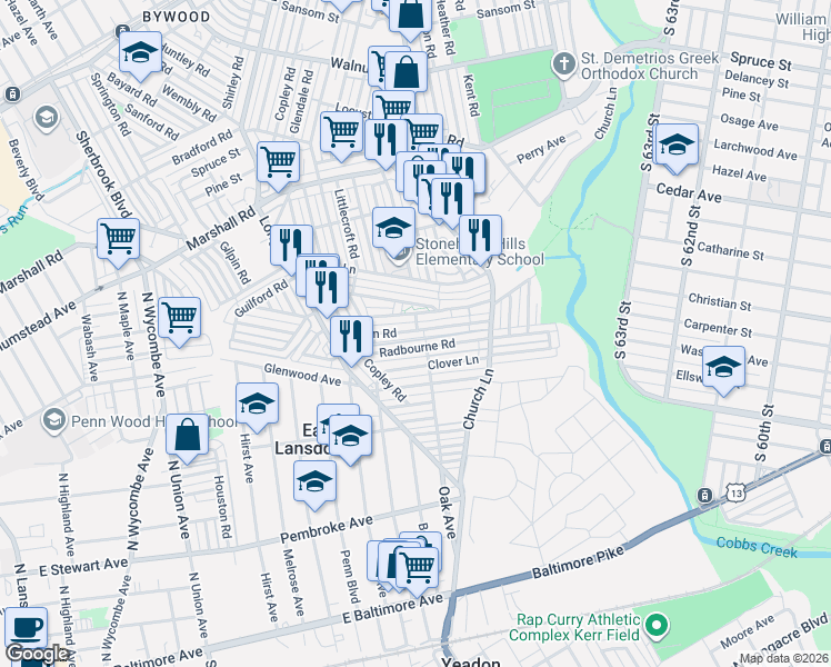 map of restaurants, bars, coffee shops, grocery stores, and more near 608 Millbank Road in Delaware County