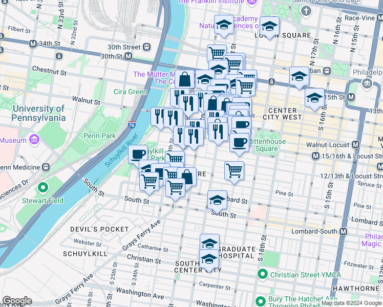 map of restaurants, bars, coffee shops, grocery stores, and more near 2209 Spruce Street in Philadelphia