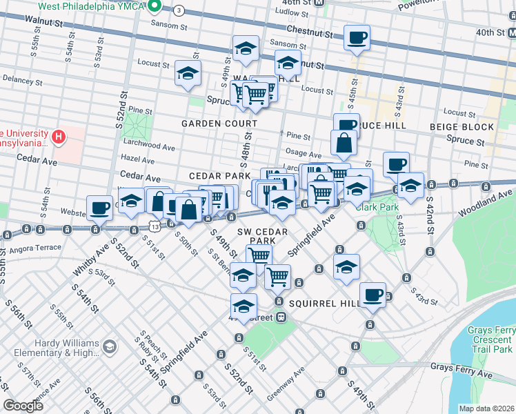 map of restaurants, bars, coffee shops, grocery stores, and more near 4711 Cedar Avenue in Philadelphia