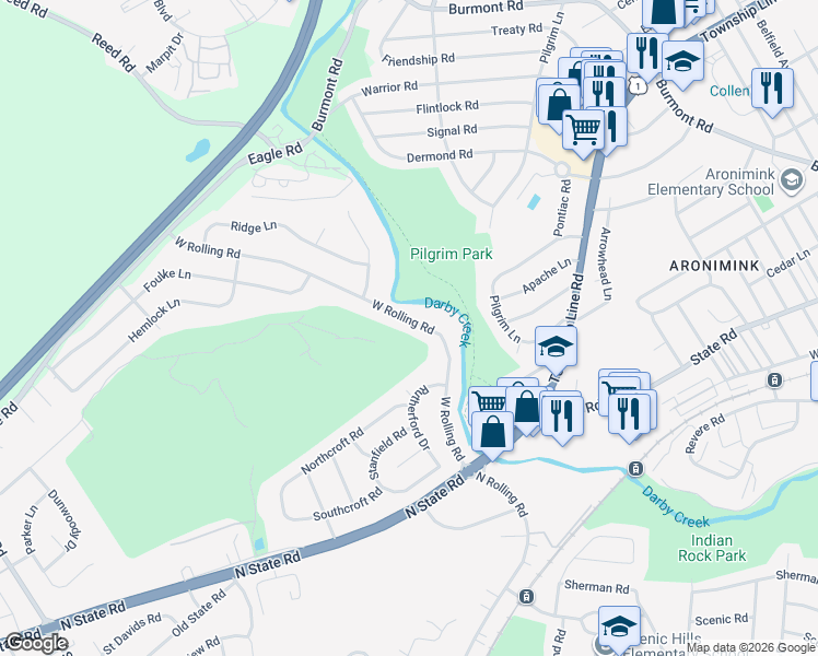 map of restaurants, bars, coffee shops, grocery stores, and more near 652 West Rolling Road in Springfield