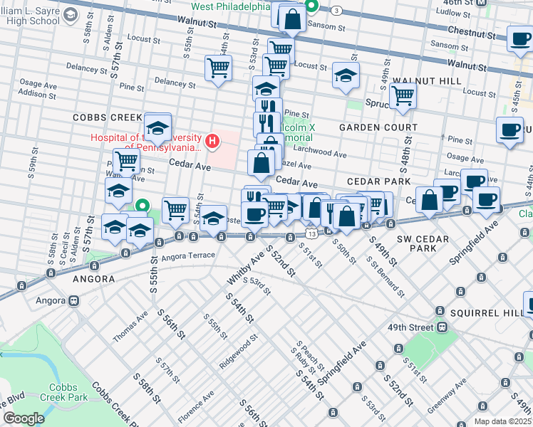 map of restaurants, bars, coffee shops, grocery stores, and more near 703 South 52nd Street in Philadelphia