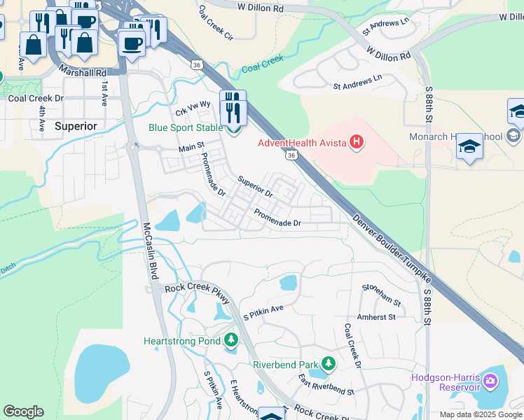 map of restaurants, bars, coffee shops, grocery stores, and more near 2320 Village Green Way in Superior