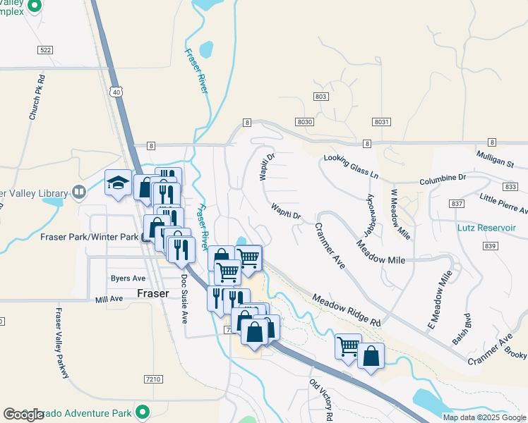 map of restaurants, bars, coffee shops, grocery stores, and more near 859 Wapiti Drive in Granby