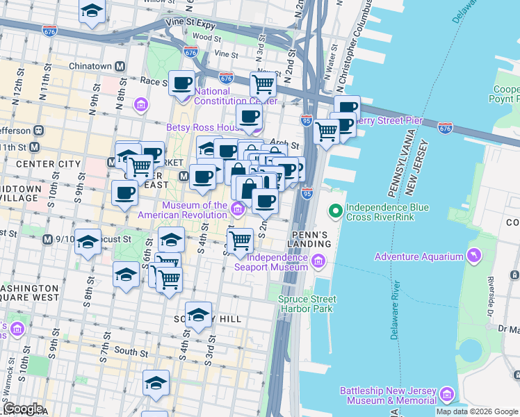 map of restaurants, bars, coffee shops, grocery stores, and more near in Philadelphia