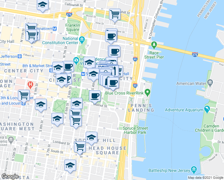 map of restaurants, bars, coffee shops, grocery stores, and more near in Philadelphia