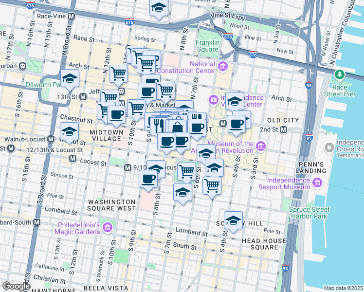 map of restaurants, bars, coffee shops, grocery stores, and more near 729 Sansom Street in Philadelphia