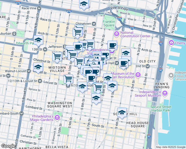 map of restaurants, bars, coffee shops, grocery stores, and more near 729 Sansom Street in Philadelphia