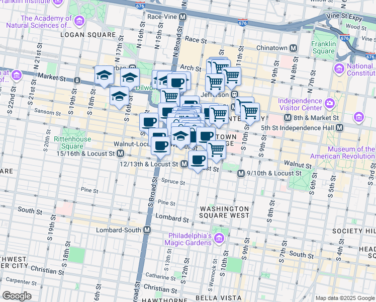 map of restaurants, bars, coffee shops, grocery stores, and more near 1213 Walnut Street in Philadelphia