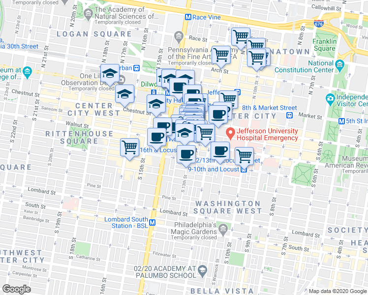 map of restaurants, bars, coffee shops, grocery stores, and more near 1247 Walnut Street in Philadelphia