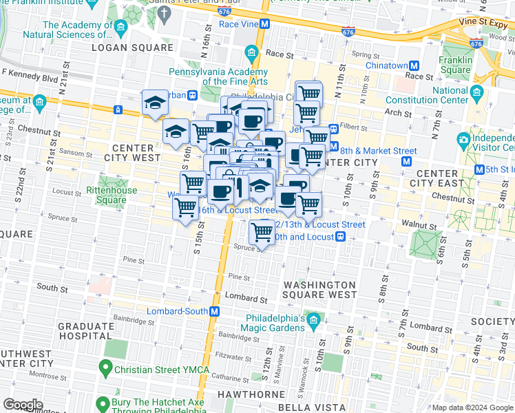 map of restaurants, bars, coffee shops, grocery stores, and more near 1325 Walnut Street in Philadelphia