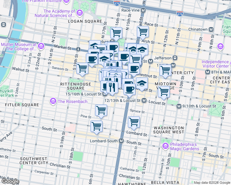 map of restaurants, bars, coffee shops, grocery stores, and more near 1508 Walnut Street in Philadelphia