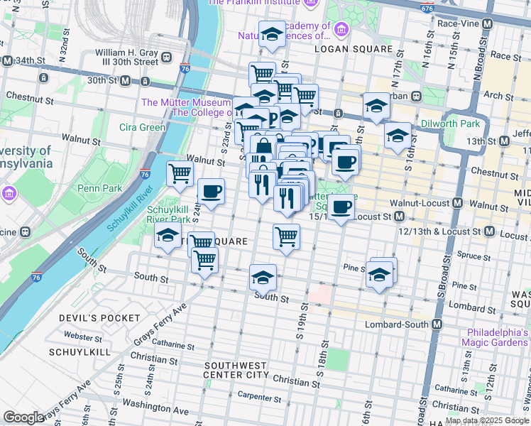 map of restaurants, bars, coffee shops, grocery stores, and more near 2042 Locust Street in Philadelphia