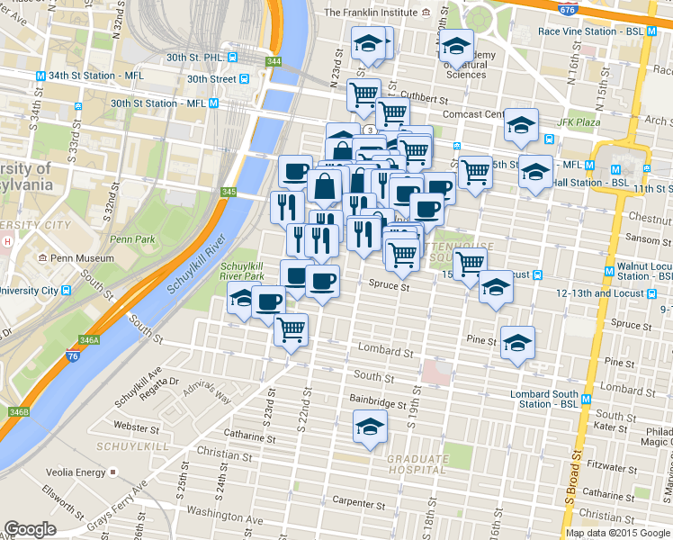 map of restaurants, bars, coffee shops, grocery stores, and more near 2122 Locust Street in Philadelphia