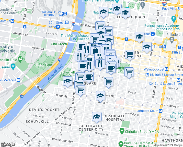 map of restaurants, bars, coffee shops, grocery stores, and more near 2122 Locust Street in Philadelphia