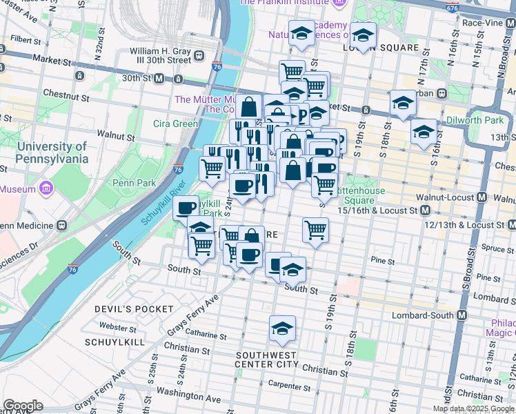 map of restaurants, bars, coffee shops, grocery stores, and more near 2209 Spruce Street in Philadelphia