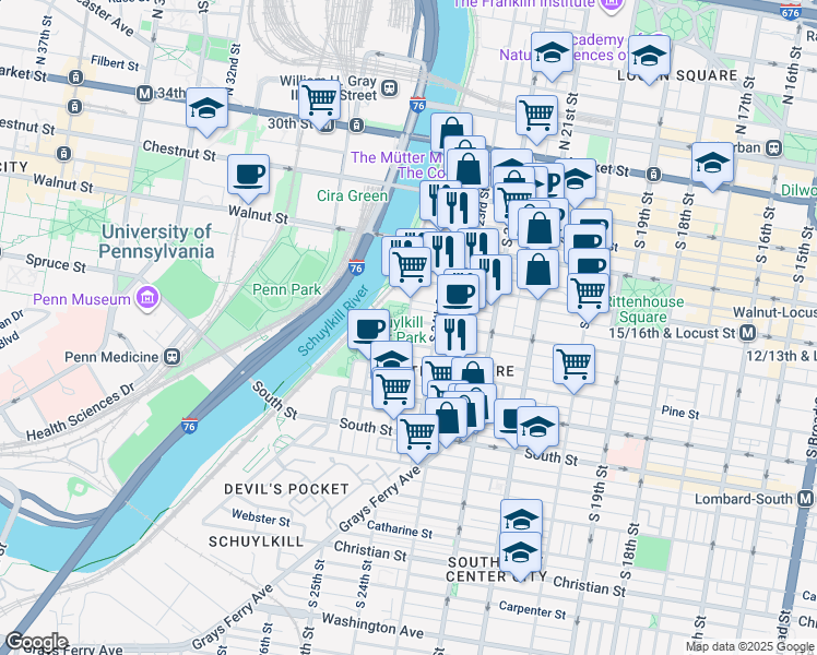 map of restaurants, bars, coffee shops, grocery stores, and more near 251 South 25th Street in Philadelphia