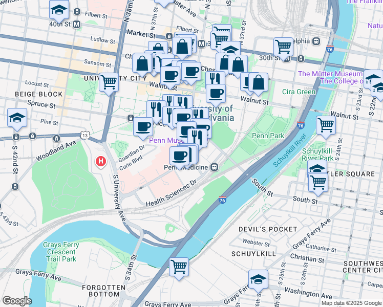 map of restaurants, bars, coffee shops, grocery stores, and more near 3260 South Street in Philadelphia