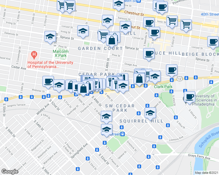 map of restaurants, bars, coffee shops, grocery stores, and more near in Philadelphia
