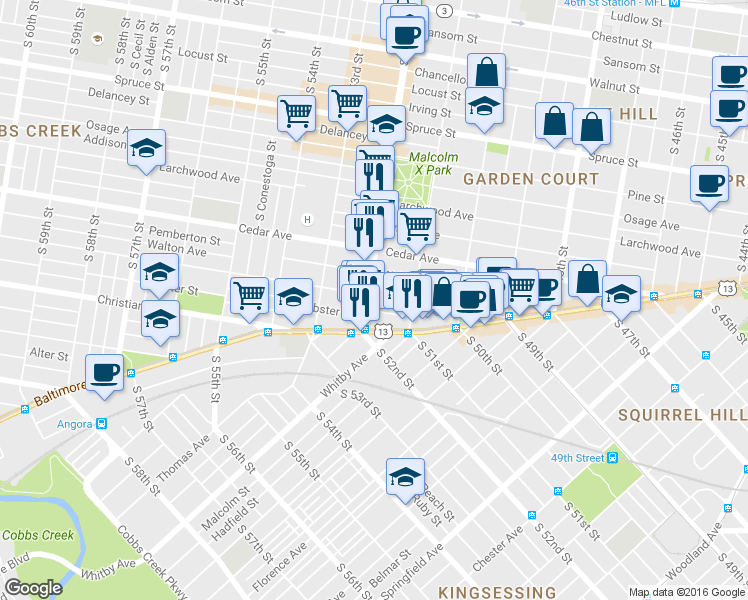 map of restaurants, bars, coffee shops, grocery stores, and more near 5134 Walton Avenue in Philadelphia