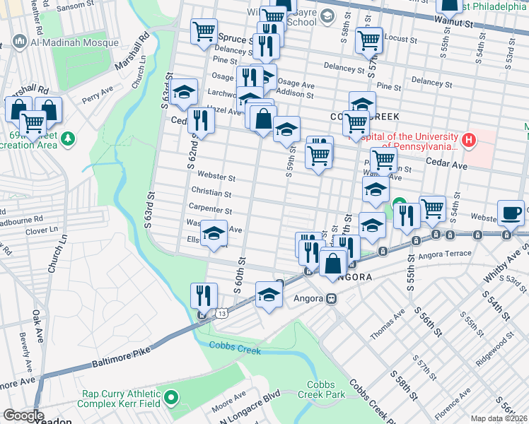 map of restaurants, bars, coffee shops, grocery stores, and more near 755 South 60th Street in Philadelphia