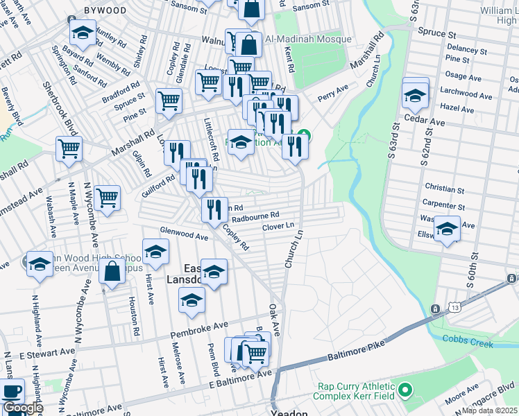 map of restaurants, bars, coffee shops, grocery stores, and more near 608 Millbank Road in Delaware County