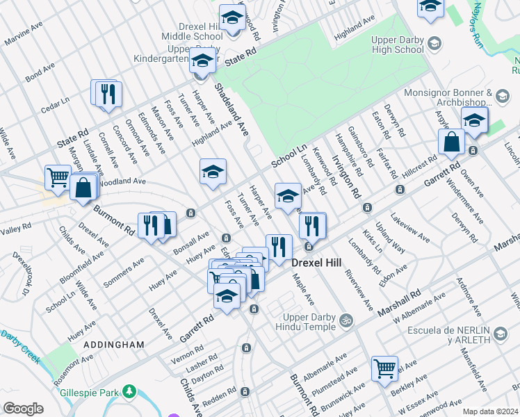 map of restaurants, bars, coffee shops, grocery stores, and more near 525 Harper Avenue in Drexel Hill