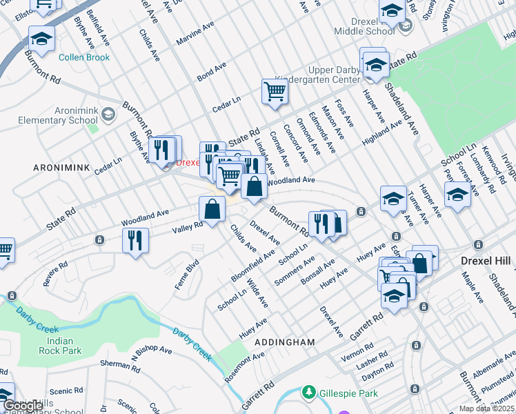 map of restaurants, bars, coffee shops, grocery stores, and more near in Drexel Hill