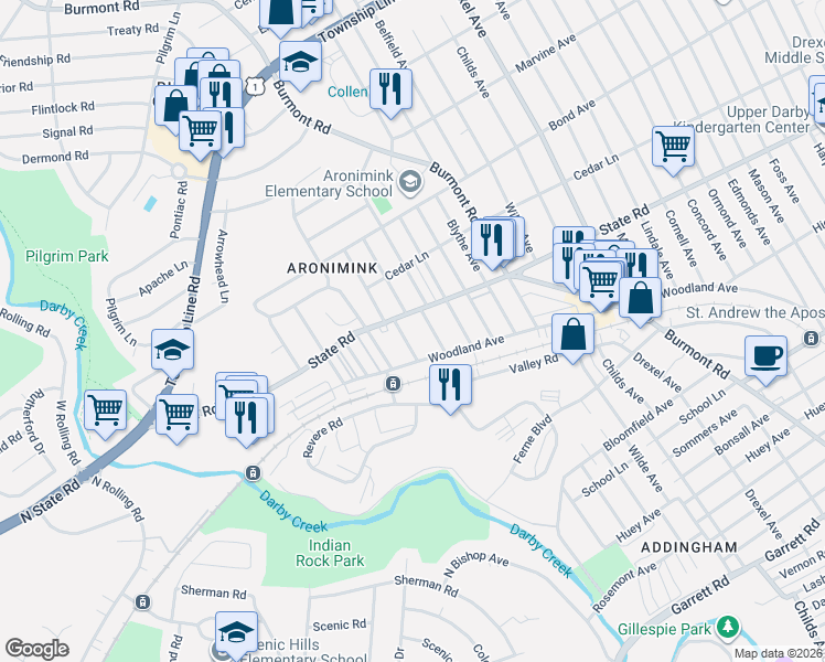 map of restaurants, bars, coffee shops, grocery stores, and more near 4696 State Road in Drexel Hill