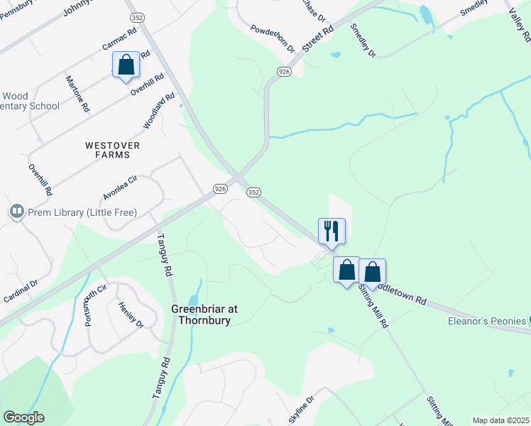 map of restaurants, bars, coffee shops, grocery stores, and more near 10 Hadley Lane in Glen Mills
