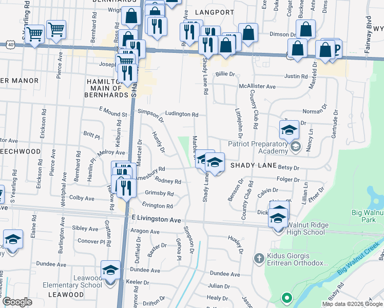 map of restaurants, bars, coffee shops, grocery stores, and more near 1305 Marble Drive in Columbus