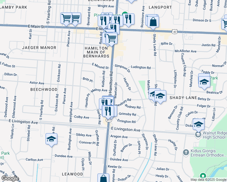 map of restaurants, bars, coffee shops, grocery stores, and more near 1250 Thurston Drive in Columbus