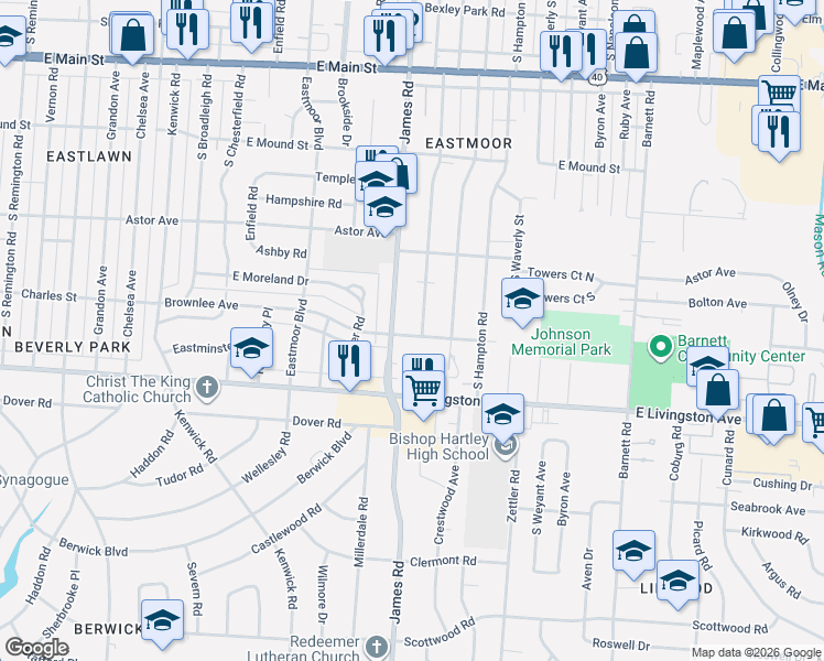 map of restaurants, bars, coffee shops, grocery stores, and more near 1058 South Ashburton Road in Columbus