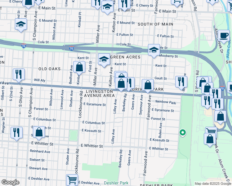 map of restaurants, bars, coffee shops, grocery stores, and more near 1444 East Livingston Avenue in Columbus