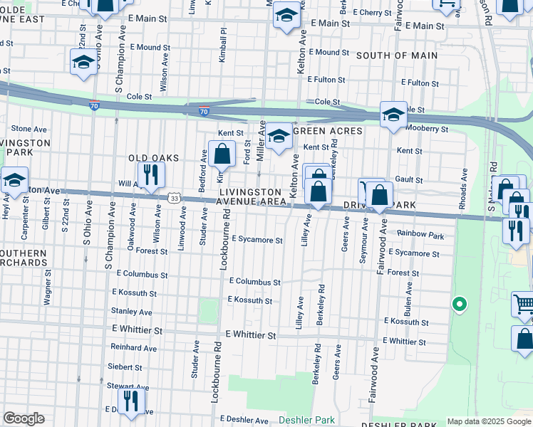 map of restaurants, bars, coffee shops, grocery stores, and more near 1390 East Livingston Avenue in Columbus
