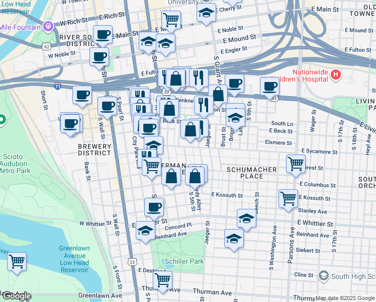 map of restaurants, bars, coffee shops, grocery stores, and more near 220 East Sycamore Street in Columbus