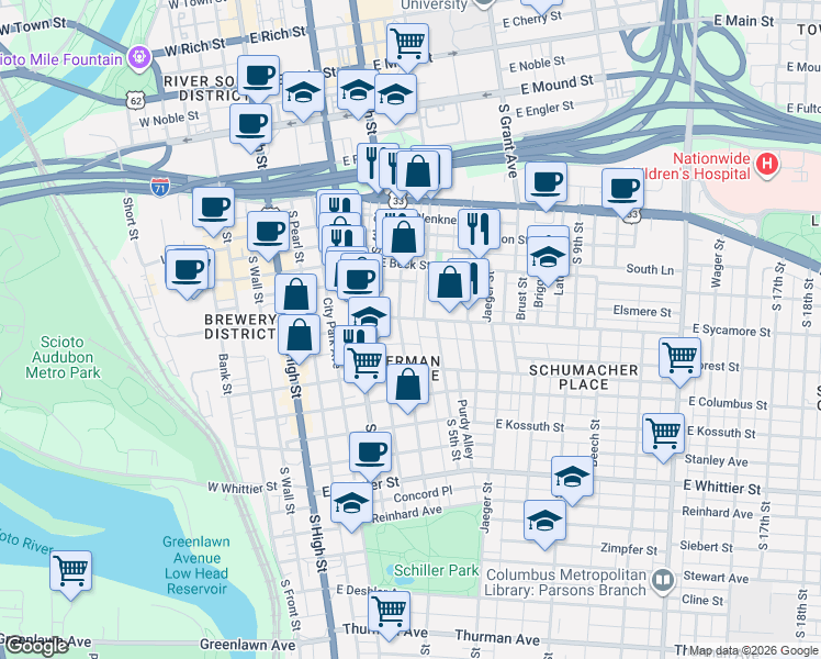 map of restaurants, bars, coffee shops, grocery stores, and more near 640 Mohawk Street in Columbus