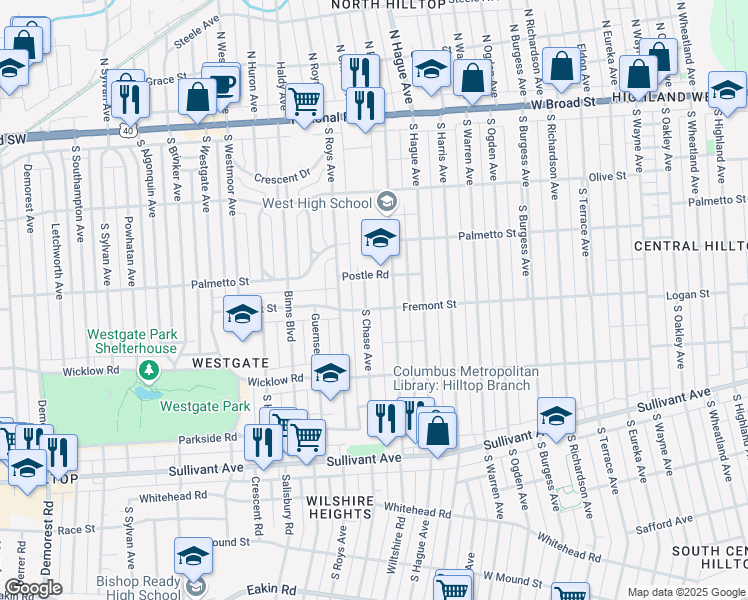 map of restaurants, bars, coffee shops, grocery stores, and more near 256 South Chase Avenue in Columbus