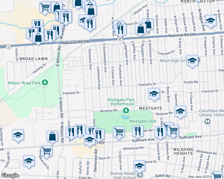 map of restaurants, bars, coffee shops, grocery stores, and more near 228 South Southampton Avenue in Columbus