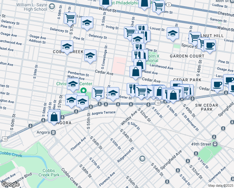 map of restaurants, bars, coffee shops, grocery stores, and more near 5317 Webster Street in Philadelphia