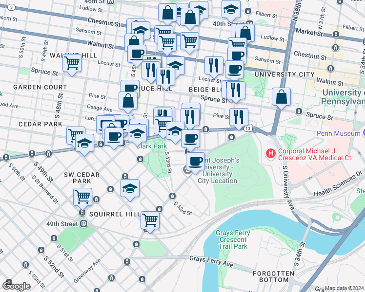 map of restaurants, bars, coffee shops, grocery stores, and more near 4205 Chester Avenue in Philadelphia