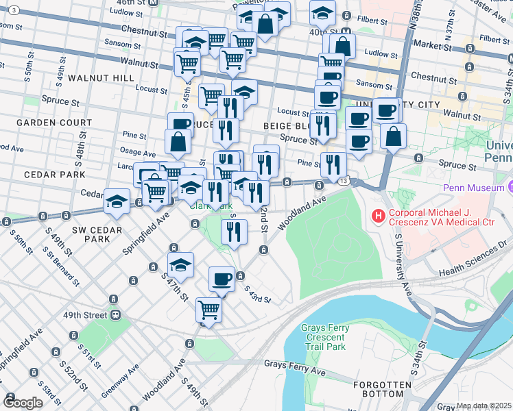 map of restaurants, bars, coffee shops, grocery stores, and more near 4203 Chester Avenue in Philadelphia
