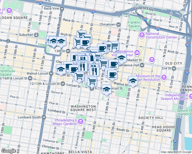 map of restaurants, bars, coffee shops, grocery stores, and more near in Philadelphia