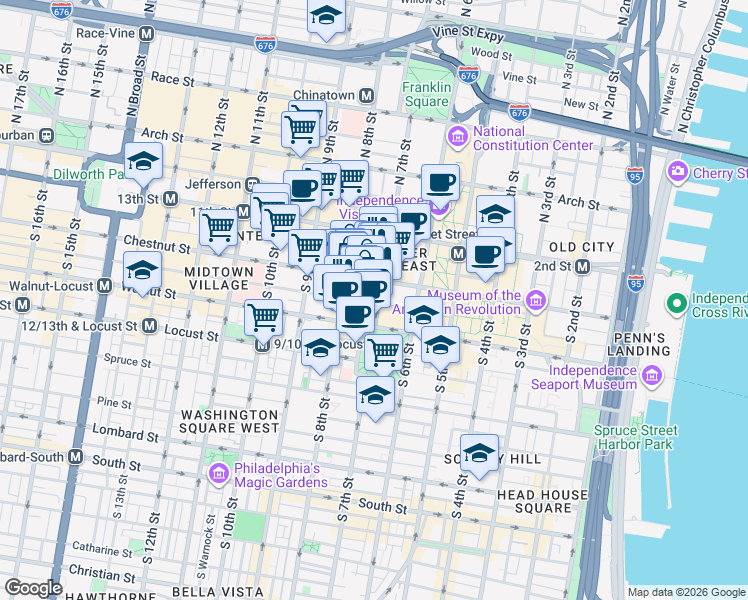 map of restaurants, bars, coffee shops, grocery stores, and more near 729 Sansom Street in Philadelphia