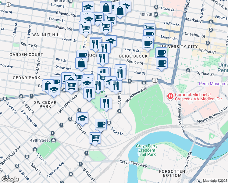 map of restaurants, bars, coffee shops, grocery stores, and more near 4207 Chester Avenue in Philadelphia