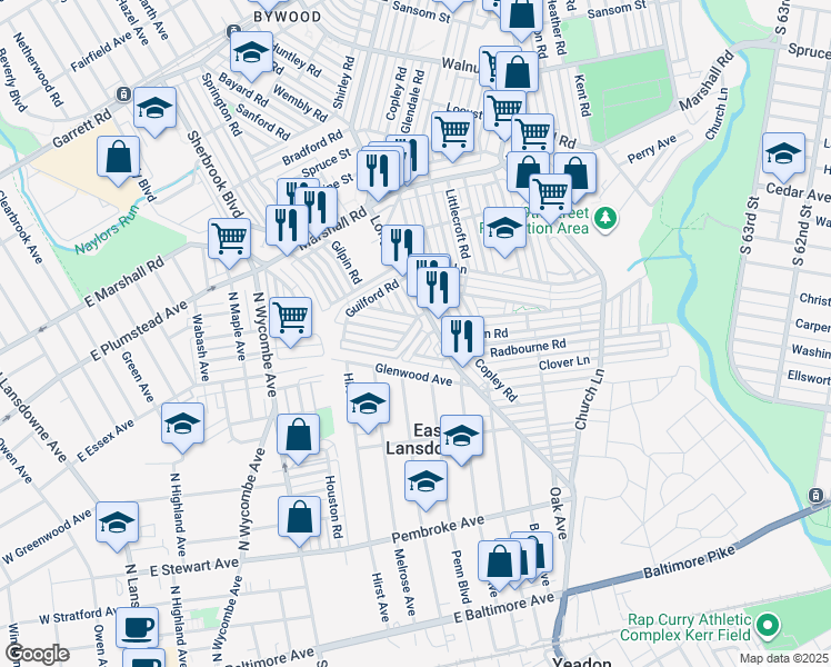 map of restaurants, bars, coffee shops, grocery stores, and more near 7216 Alderbrook Road in Upper Darby