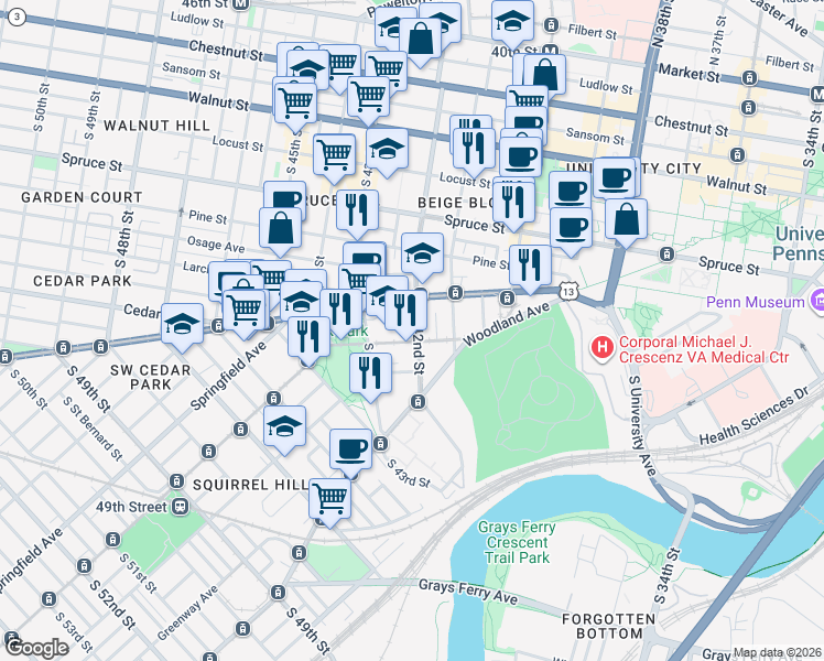 map of restaurants, bars, coffee shops, grocery stores, and more near 516 South 42nd Street in Philadelphia