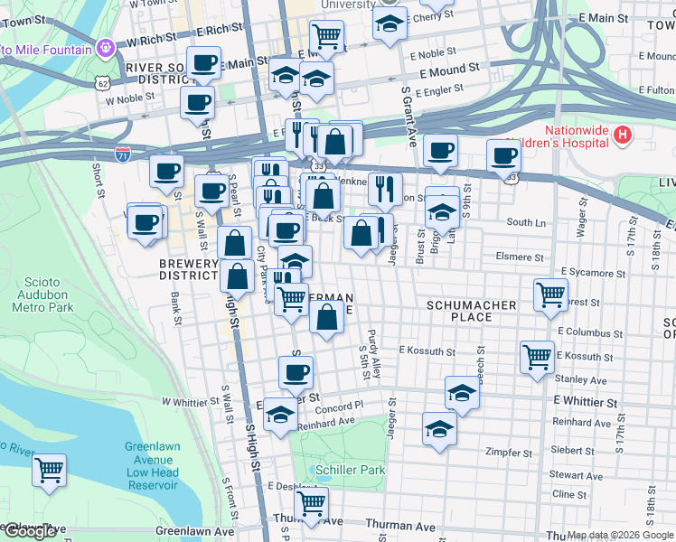 map of restaurants, bars, coffee shops, grocery stores, and more near 682 Macon Alley in Columbus