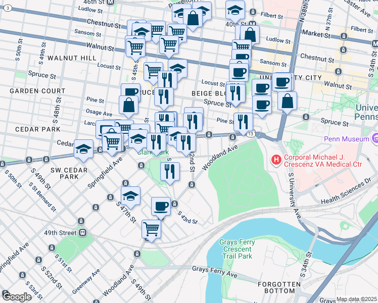 map of restaurants, bars, coffee shops, grocery stores, and more near 516 South 42nd Street in Philadelphia