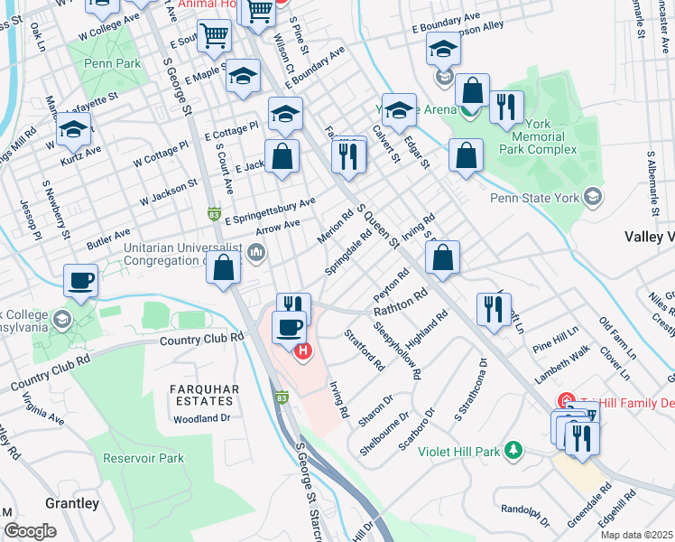 map of restaurants, bars, coffee shops, grocery stores, and more near 138 Springdale Road in York