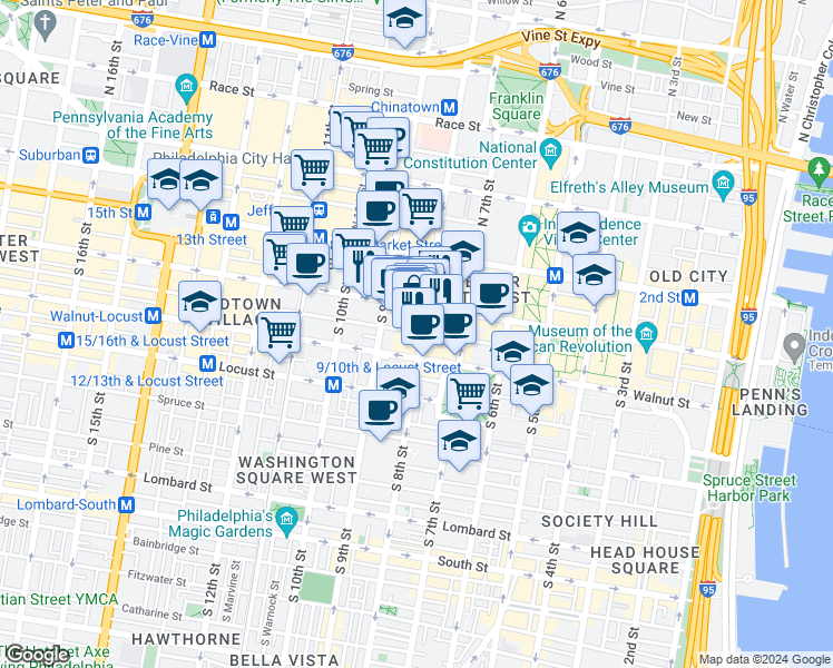 map of restaurants, bars, coffee shops, grocery stores, and more near 802 Sansom Street in Philadelphia